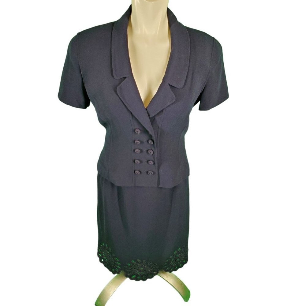 Oscar de la Renta Vintage Wool Double Breasted Skirt Suit Navy Blue S